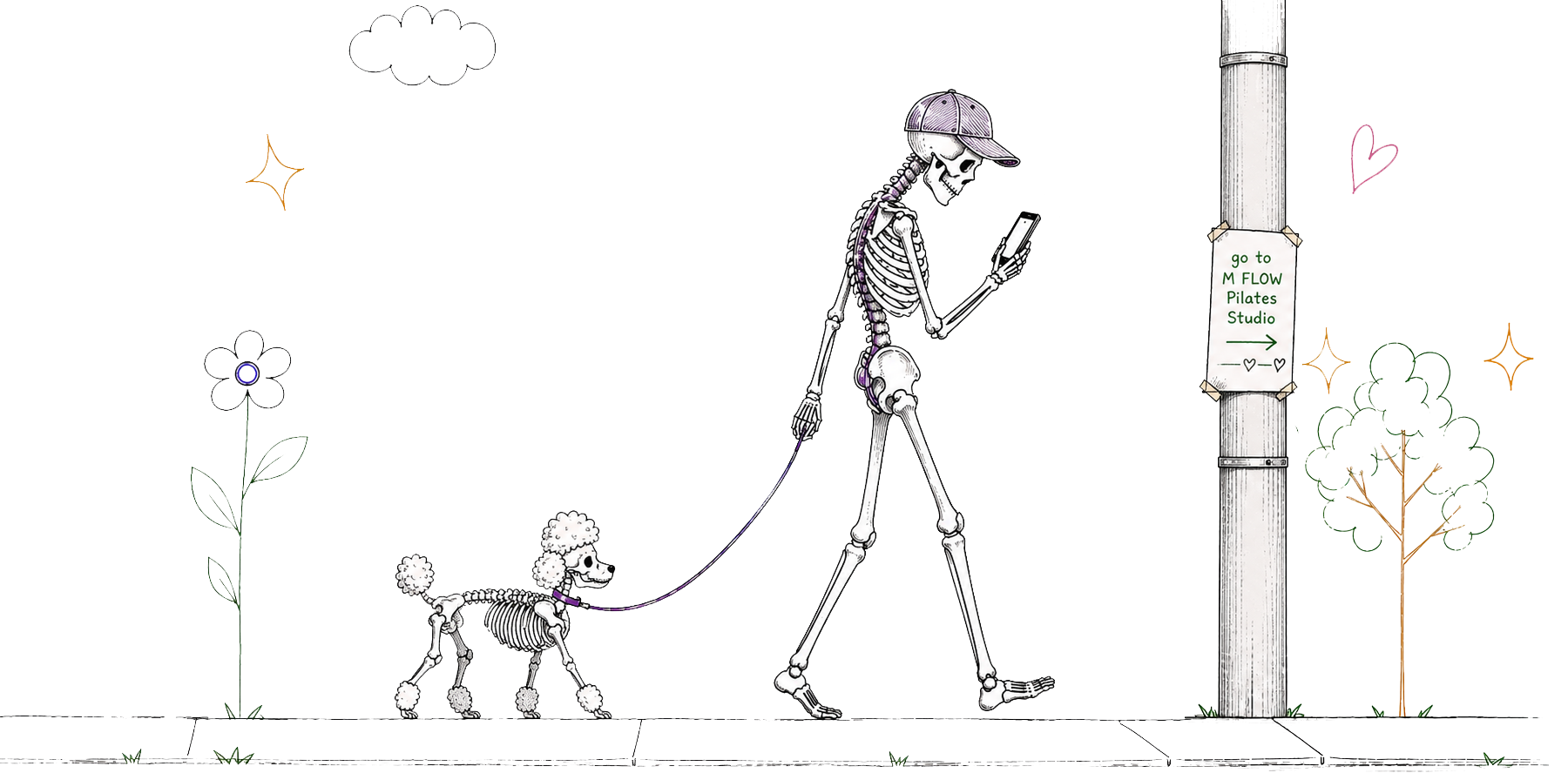 スマホを見ながら犬と散歩するスカルのイラスト